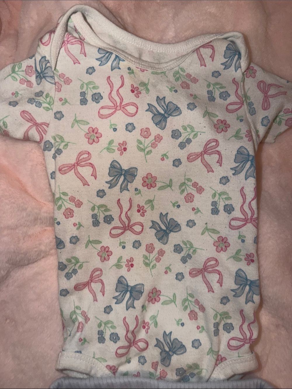 Baby Girls Floral Bow Short Sleeve Bodysuit - White with Pink & Blue